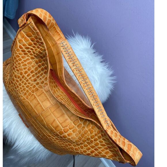 Jenrigo Orange Leather Embossed Crocodile Prototype Large Square Tote Satchel - Picture 6 of 12